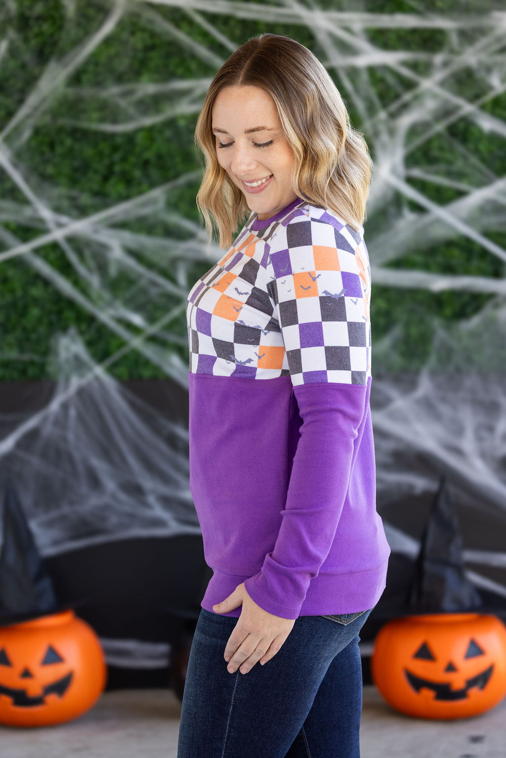 Natalie Pullover - Checkered Bats and Purple